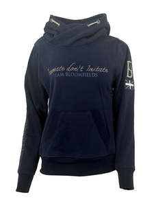 Clothing: Amelia Navy with Silver Diamante Cross Necked Hoodie