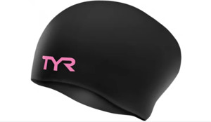 1 Caps: TYR - Silicone Swim Cap Long Hair Wrinkle Free - Black/Pink