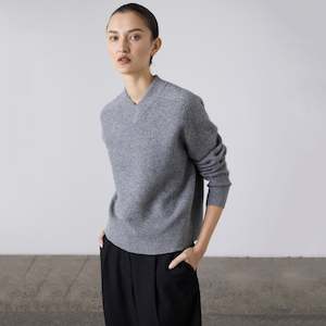 Womens Tops: Laing High V-Neck Cashmere Wool Sweater - Grey Marle