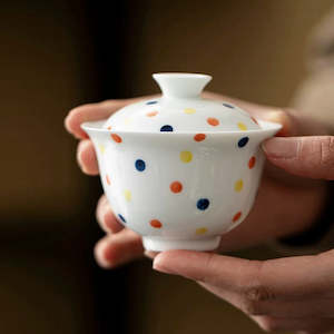 Best Sellers: Jade Clay White Porcelain Hand-Painted Polka Dot Ceramic Lidded Tea Bowl 120ml Gaiwan
