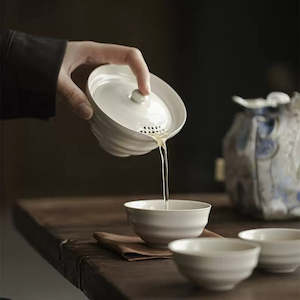 All Tea: Grass and wood gray clay hand-grabbing bowl, Three cups of travel tea set