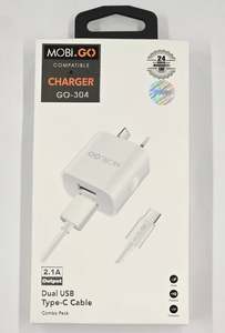 Phone Charging Adapters: Mobi-Go 2.1 Amp Type C Double USB Adapter + Cable