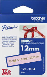 TZe-RE34 Brother 12mm x 4m Gold on Pink Ribbon