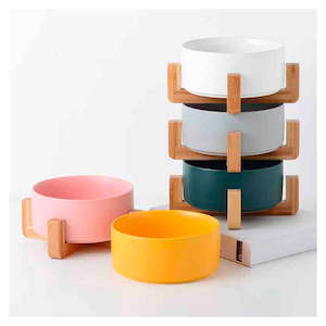 Ceramic Dog Bowl with Wooden Stand