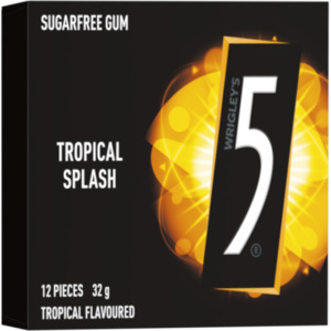 Confectionery: 5 Gum Tropical Splash Sugar Free Chewing Gum Stick 10 x 32.4g