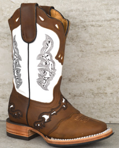 Red Hawk: Kids White/Brown Cowboy Boots