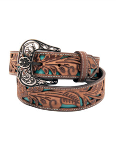 Belts: Floral Tooled Cutout Top Grain Leather Belt