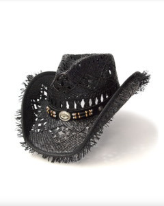 Straw Western Pinch Front Hat with Frayed Brim BLACK