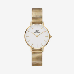 Daniel Wellington: Daniel Wellington Petite Evergold 28mm Round White Face Yellow Gold Plated Mesh Strap Quartz Watch