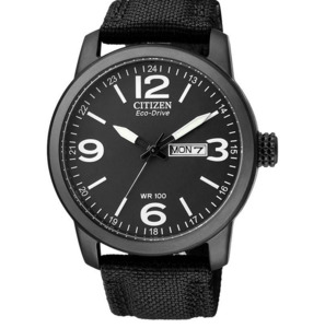 Citizen: Citizen Gents Eco-Drive Black Face Black Material Strap Watch 100m Water Resistant BM8475-34E