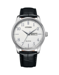 Citizen: Citizen Gents Eco-Drive White Face Black Leather Strap Watch