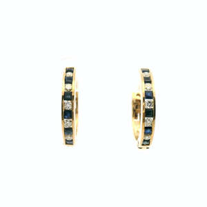 Gold Jewellery: 9ct Yellow Gold Channel Set Sapphire & Diamond Hoop Earrings