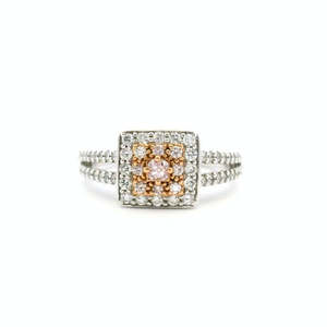 Pink Diamond: Pink Diamond & White Diamond 18k White & Rose Gold Square Halo Split Band Ring