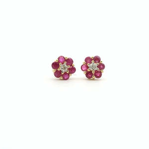 Ruby & Diamond Cluster Stud Earrings in 9ct Yellow Gold