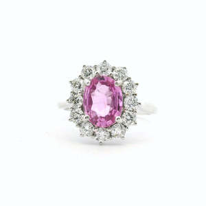 Sapphire: 18ct White Gold Pink Ceylonese Sapphire and Diamond Oval Cluster Ring