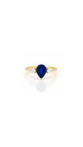 Sapphire: Sapphire & Diamond Pear Cut Trilogy Ring in 18ct Yellow & White Gold