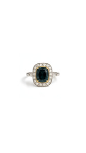 Sapphire: Teal Sapphire & Diamond Halo Ring in 18ct White & Yellow Gold