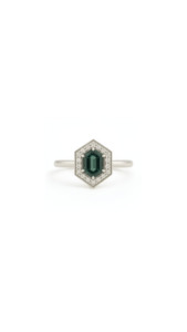 Sapphire: Teal Sapphire & Diamond Hex Halo Ring in 9ct White Gold