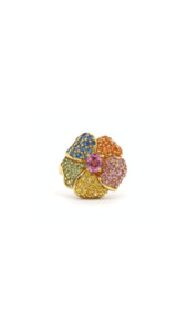 Sapphire: Pavé Mixed Sapphire Flower Ring in 9ct Yellow Gold