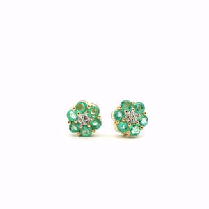 Emerald & Diamond Cluster Stud Earrings in 9ct Yellow Gold