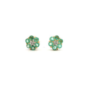 Emerald: Emerald & Diamond 9ct Yellow Gold Emerald and Diamond Cluster Stud Earrings