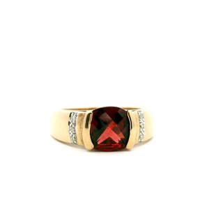 Garnet & Diamond 9k Yellow Gold Semi Bezel Ring