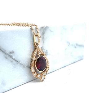 Garnet: Garnet & Diamond 9k Yellow Gold Bezel Set Antique Pendant