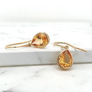 Citrine: Citrine 9k Yellow Gold Pear Shape Bezel Set Hook Earrings