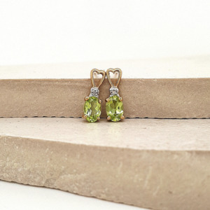 9ct Yellow Gold Oval Peridot Four Claw & Round Brilliant Diamond Heart Shape Stud Earrings