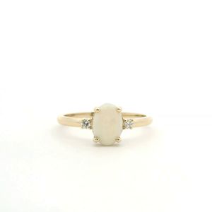 Opal: Opal & Diamond 9ct Yellow Gold Three Stone Ring