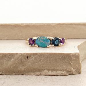 Opal: Opal, Amethyst, London Blue Topaz 9ct Yellow Gold Ring