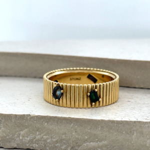 18ct Yellow Gold Ridged 6.5mm Band with Bead-Set Stones