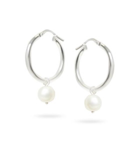 Pearls: Sterling Silver 15mm Hoop with 7-8mm Round White Freshwater Pearl Earrings