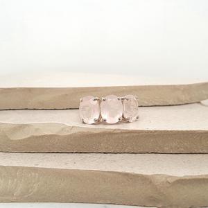 Sterling Silver Oval Rose Quartz Three Stone Ring