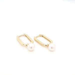 Pearl Earrings: 9ct Yellow Gold Pearl Drop Earrings on Rectangular 24mm Hoop Earrings