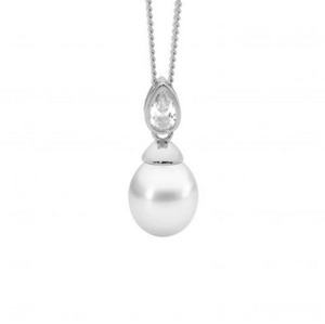 Pearl Necklaces: Ellani Sterling Silver Freshwater Pearl Pendant with Bezel Set Pear CZ Pendant Necklace