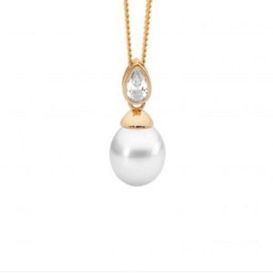 Pearl Necklaces: Ellani Gold Plated Freshwater Pearl Pendant with Bezel Set Pear CZ Pendant Necklace