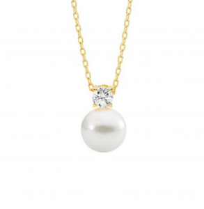 Pearl Necklaces: Ellani Gold Plated 9mm Freshwater Pearl with 4mm Claw Set CZ Pendant Necklace