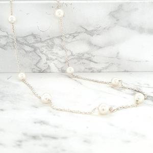 Sterling Silver Oval Belcher Chain with 5mm White Pearls - Necklace