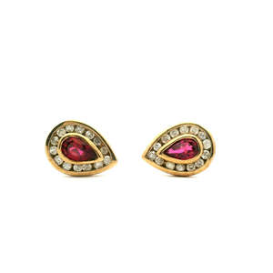Estate Earrings: Estate 9ct Yellow Gold Synthetic Ruby & Diamond Halo Tear Drop Stud Earrings