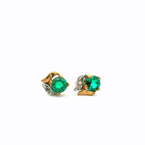 Estate 9ct Yellow Gold Biron Emerald & Diamond Stud Earrings