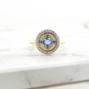Ceylonese Sapphire, Tsavorite & Diamond 9k Yellow Gold Signet Style Ring