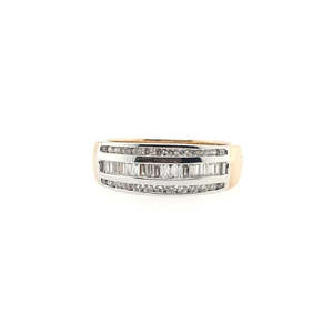 Diamond Dress Rings: 9ct Yellow & White Gold 0.47ct Baguette & Round Brilliant Channel Set Diamond Three Row Wide Band Ring