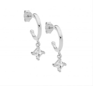Ellani Rings: Ellani Sterling Silver 13mm Princess Cut CZ Drop Hoop Earrings