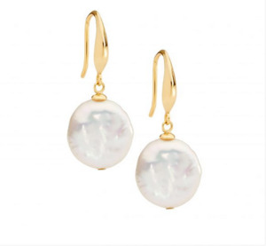 Ellani Gold Plated 12mm Shepherds Hook Freshwater Coin Pearl Earrings