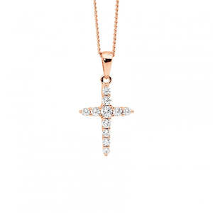 Ellani Sterling Silver & IP Rose Gold Plated White Cubic Zirconia 15mm Cross Pen&hellip;