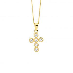 Ellani Necklaces: Ellani Sterling Silver & IP Yellow Gold Plated Cubic Zirconia 14mm Crown Set Cross Pendant Necklace Necklace Length: 45cm