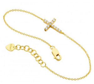 Ellani Sterling Silver Yellow Gold Plated CZ Small Cross Bracelet with Extension Chain