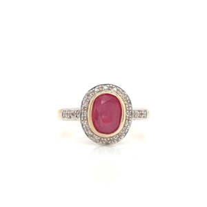 Coloured Stone Engagement Ring: Ruby & Diamond 9k Yellow Gold Bezel Set Halo RIng
