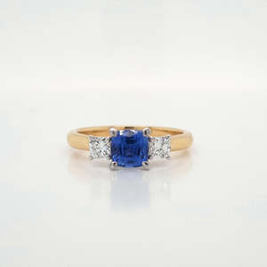 Coloured Stone Engagement Ring: Sapphire & Diamond 18ct Yellow & White Gold Three Stone Ring